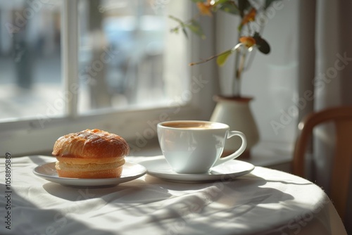 Cozy moment: cup of coffee and fresh pastry on a café table