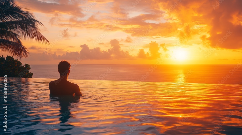Man in swimming pool at luxury beach hotel with at sunset, tropical holidays vacation, tourism and travel concept. Man in swimming pool at luxury beach hotel with at sunset, tropical holidays vacation, tourism and travel concept.