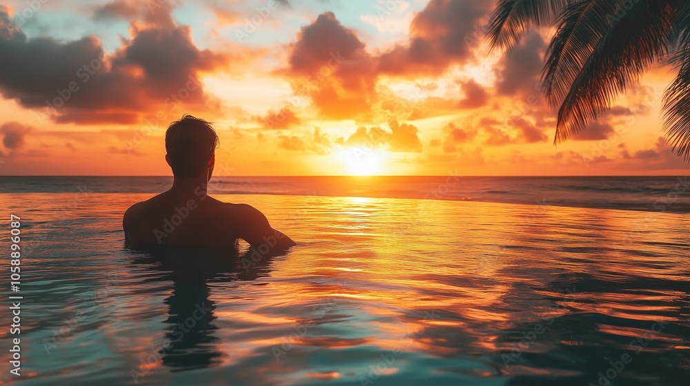 Man in swimming pool at luxury beach hotel with at sunset, tropical holidays vacation, tourism and travel concept. Man in swimming pool at luxury beach hotel with at sunset, tropical holidays vacation, tourism and travel concept.