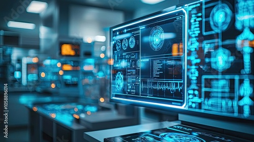 Wallpaper Mural Futuristic computer screen displaying advanced data analytics in a lab setting. Torontodigital.ca