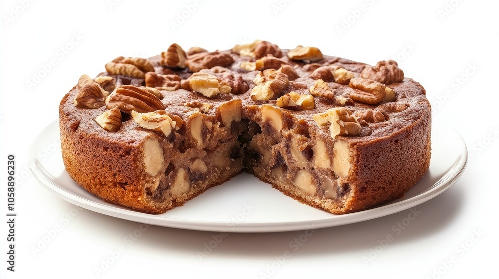 Delicious homemade walnut cake with nuts on top on a white plate Delicious homemade walnut cake with nuts on top on a white plate