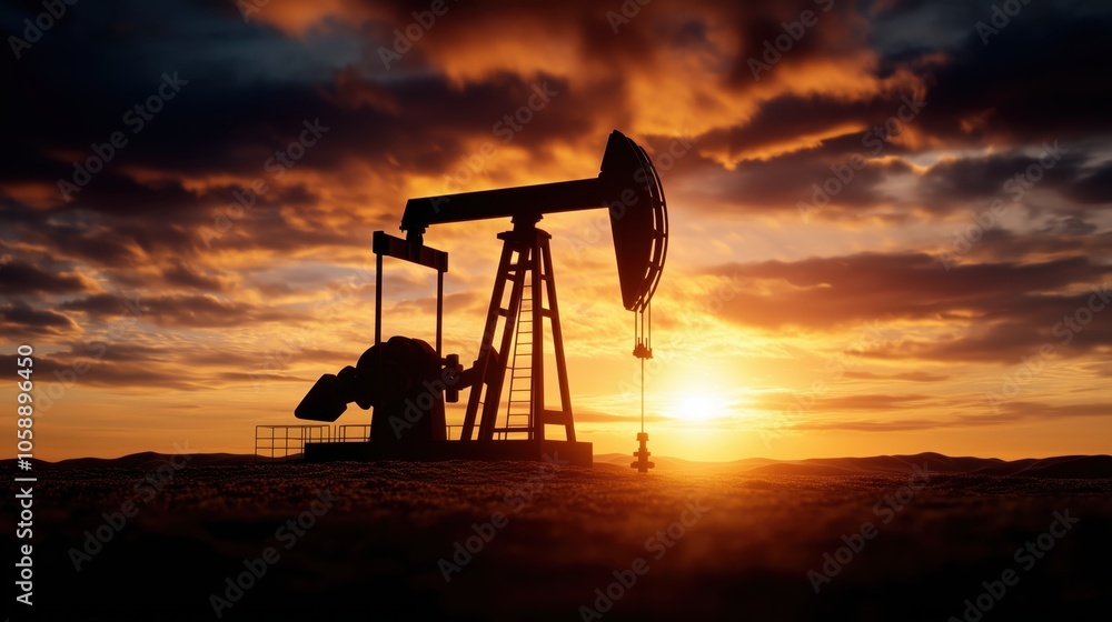 Dramatic sunset over an oil pump in the desert with silhouettes and warm colors Dramatic sunset over an oil pump in the desert with silhouettes and warm colors