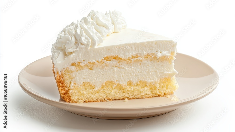 Delicious slice of classic vanilla cake with whipped cream topping on a beige plate Delicious slice of classic vanilla cake with whipped cream topping on a beige plate