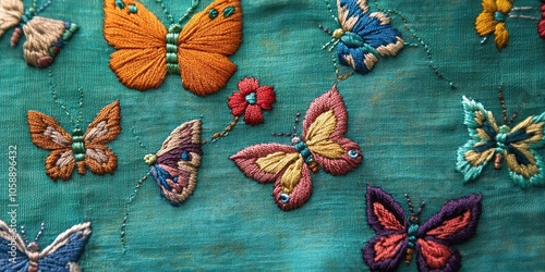 Vibrant embroidery designs featuring butterflies on cloth bring a splash of color and whimsy to the fabric, showcasing beautiful butterfly motifs in various hues. photo