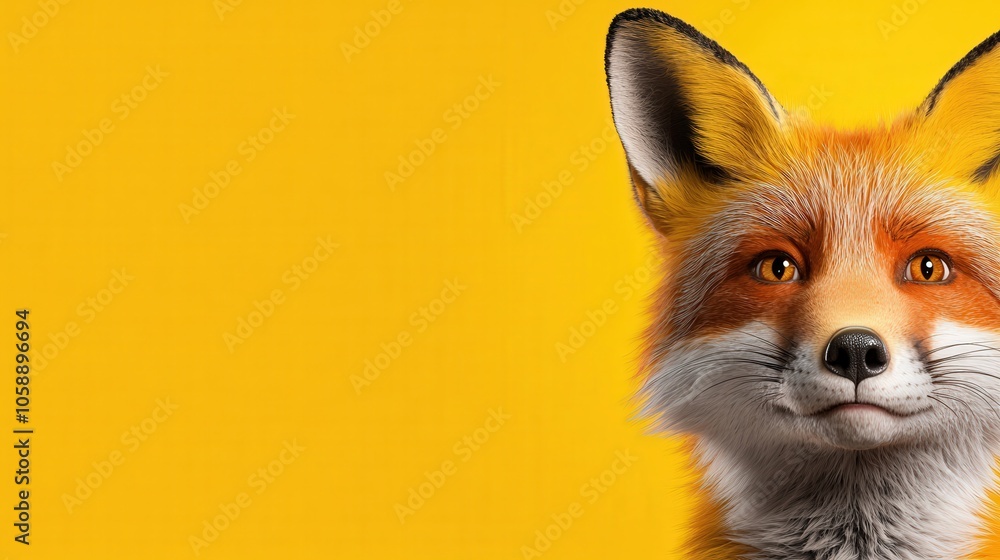 Red Fox Portrait with Copy Space on Yellow Background Red Fox Portrait with Copy Space on Yellow Background