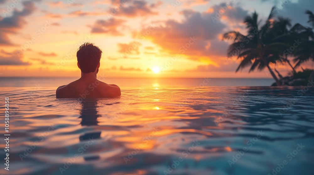 Man in swimming pool at luxury beach hotel with at sunset, tropical holidays vacation, tourism and travel concept. Man in swimming pool at luxury beach hotel with at sunset, tropical holidays vacation, tourism and travel concept.