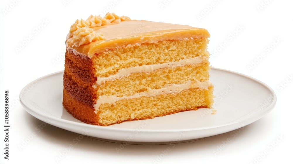 Delicious layered caramel cake slice on white plate - close-up dessert photography Delicious layered caramel cake slice on white plate - close-up dessert photography