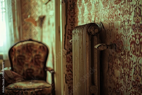 Warm-toned image focusing on a classic radiator, with texture details, against a cozy living room wall photo