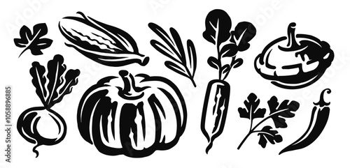 Vegetables set, black and white drawing. Hand drawn organic healthy farm food concept vector illustration