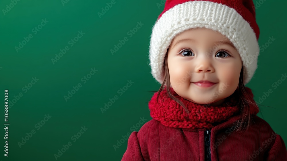 Cute newborn in a Christmas hat smiles against a green holiday backdrop for marketing Cute newborn in a Christmas hat smiles against a green holiday backdrop for marketing