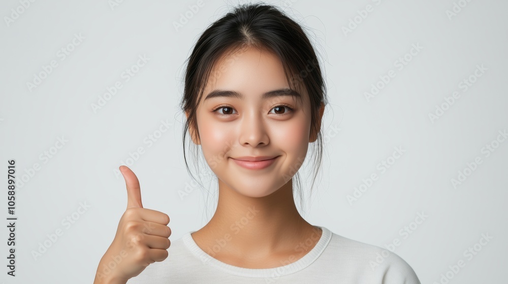 Young confident Asian woman showing thumb up in approval. Young confident Asian woman showing thumb up in approval.