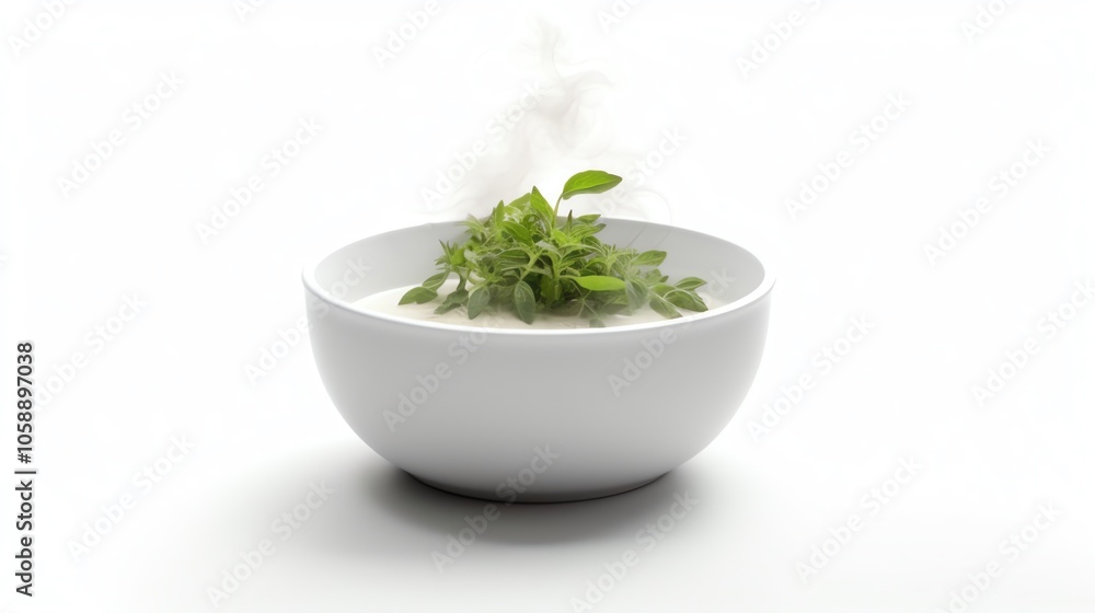 A white bowl of steaming soup garnished with fresh herbs on a white background. A white bowl of steaming soup garnished with fresh herbs on a white background.