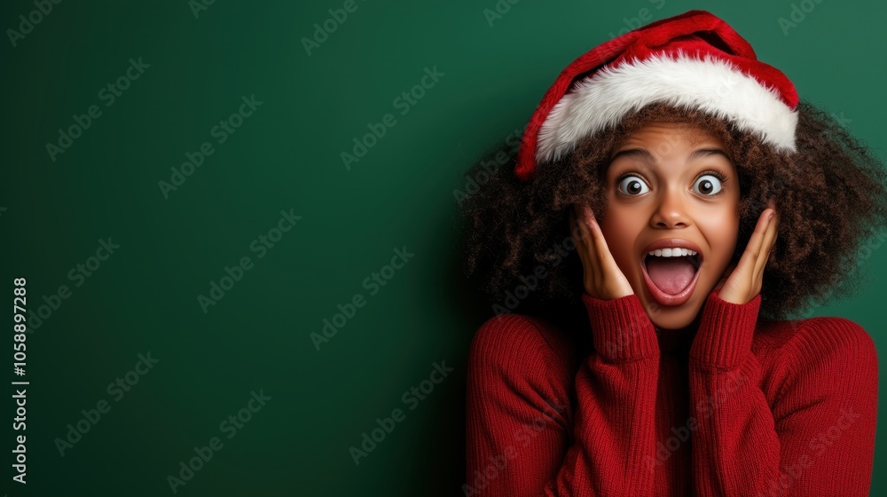 Surprised girl in Christmas hat celebrates holiday cheer on a green backdrop with a festive vibe Surprised girl in Christmas hat celebrates holiday cheer on a green backdrop with a festive vibe