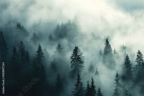 Misty Forest with Silhouetted Pine Trees