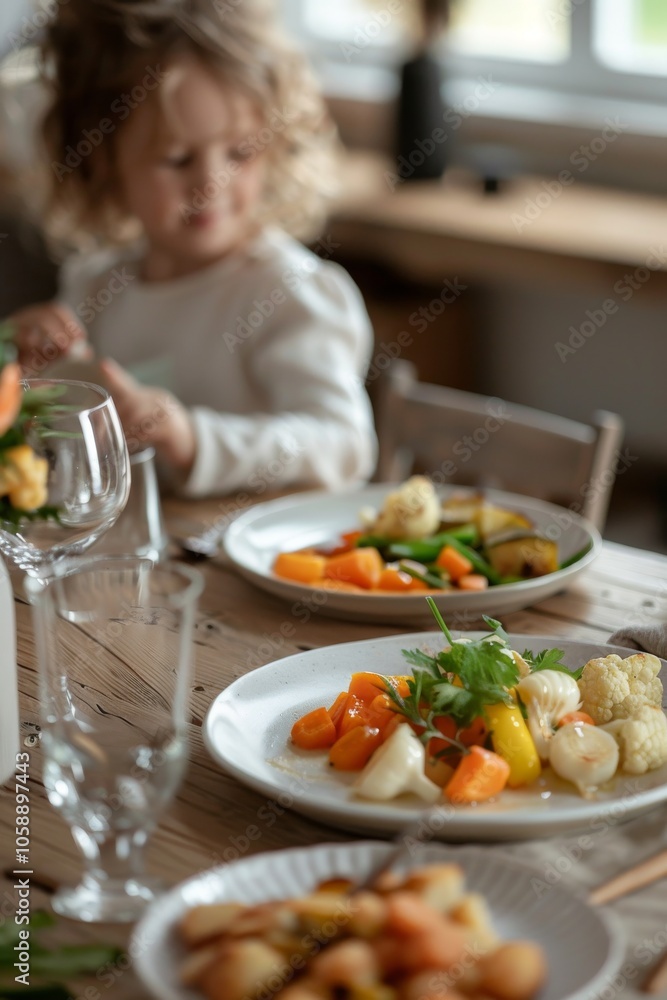 plate of steamed vegetables in front of a child at a minimalist table plate of steamed vegetables in front of a child at a minimalist table