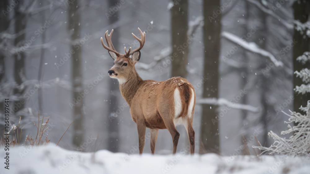 A serene image of winter wildlife such as a deer in a snowy forest. A serene image of winter wildlife such as a deer in a snowy forest.