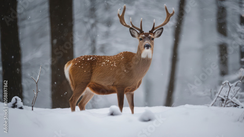 A serene image of winter wildlife such as a deer in a snowy forest.