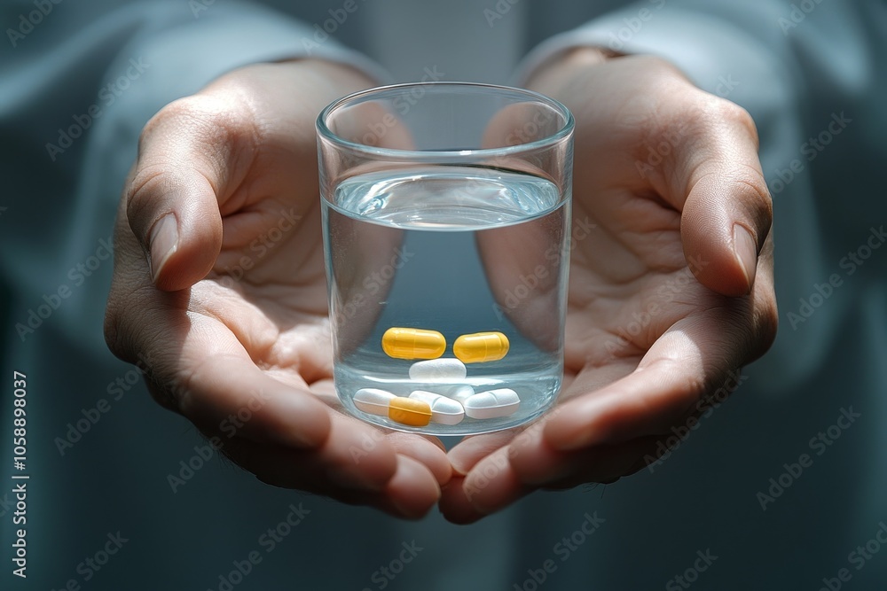 Healthcare Harmony: Close-Up Hands Holding Medication and Water Glass for Optimal Wellness, Pharmaceutical Treatment and mental health treatment, Generative AI