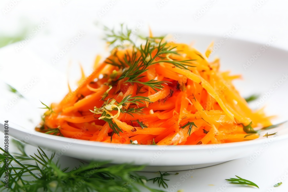 A white plate filled with shredded carrots and dill. A white plate filled with shredded carrots and dill.