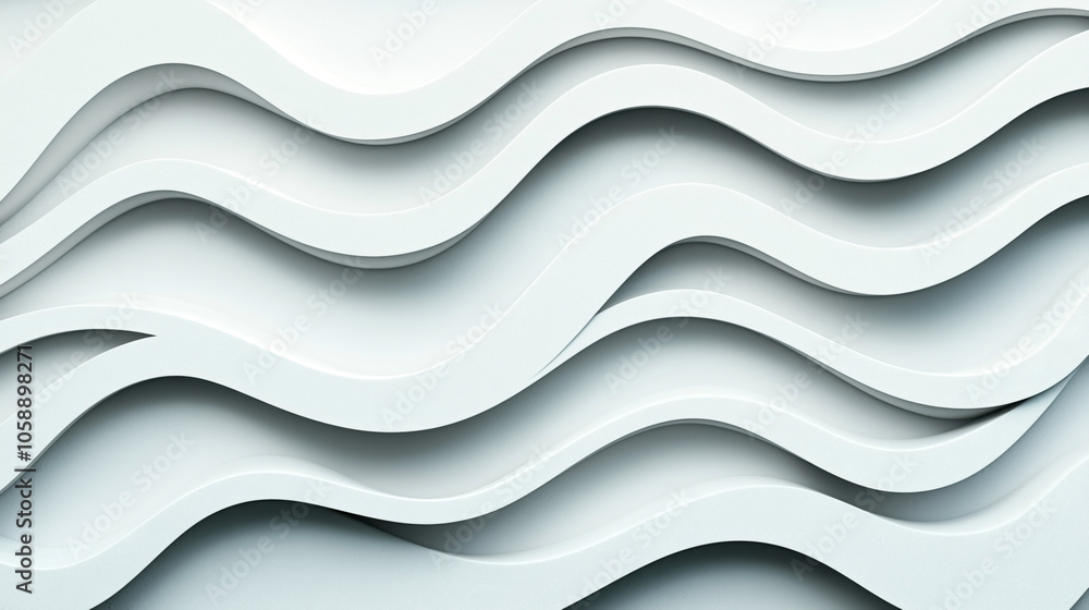 Obraz premium Abstract design featuring layered white wavy shapes creating a three-dimensional pattern for a modern and minimalistic background.