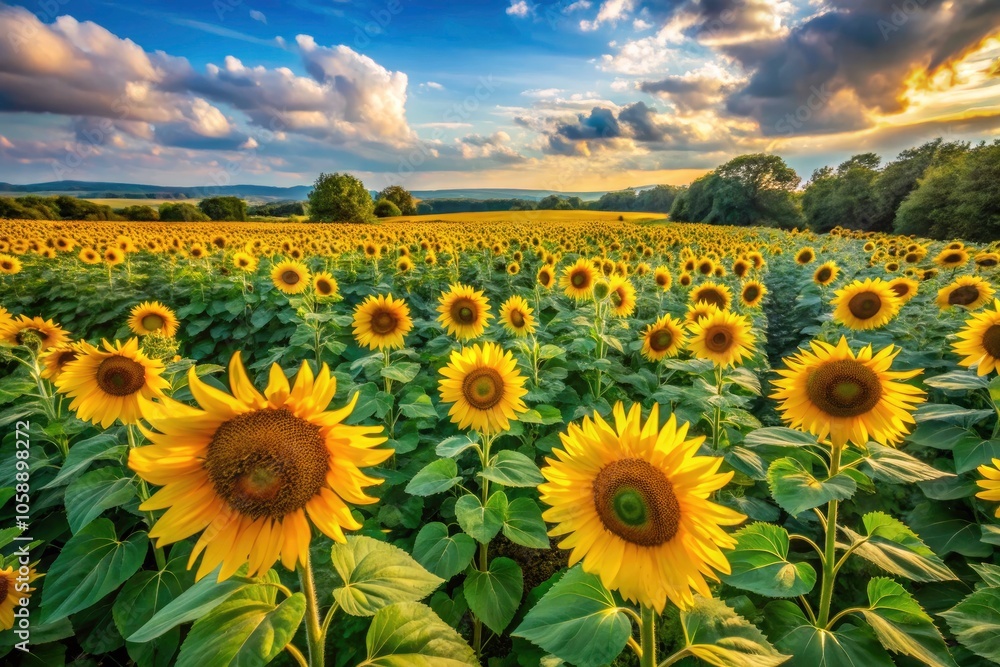 Fototapeta premium Vibrant Sunflowers in Blooming Summer Garden - Aerial Drone Photography of Colorful Floral Paradise with Lush Green Leaves, Nature's Beauty, and Summer Vibes