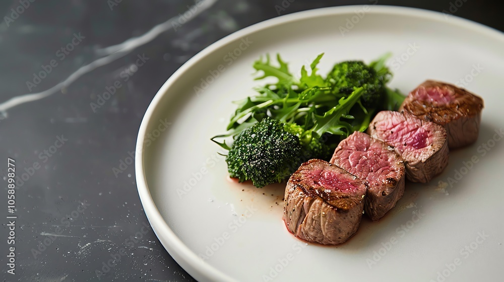 A white plate with four slices of seared meat, broccoli florets, and arugula. A white plate with four slices of seared meat, broccoli florets, and arugula.