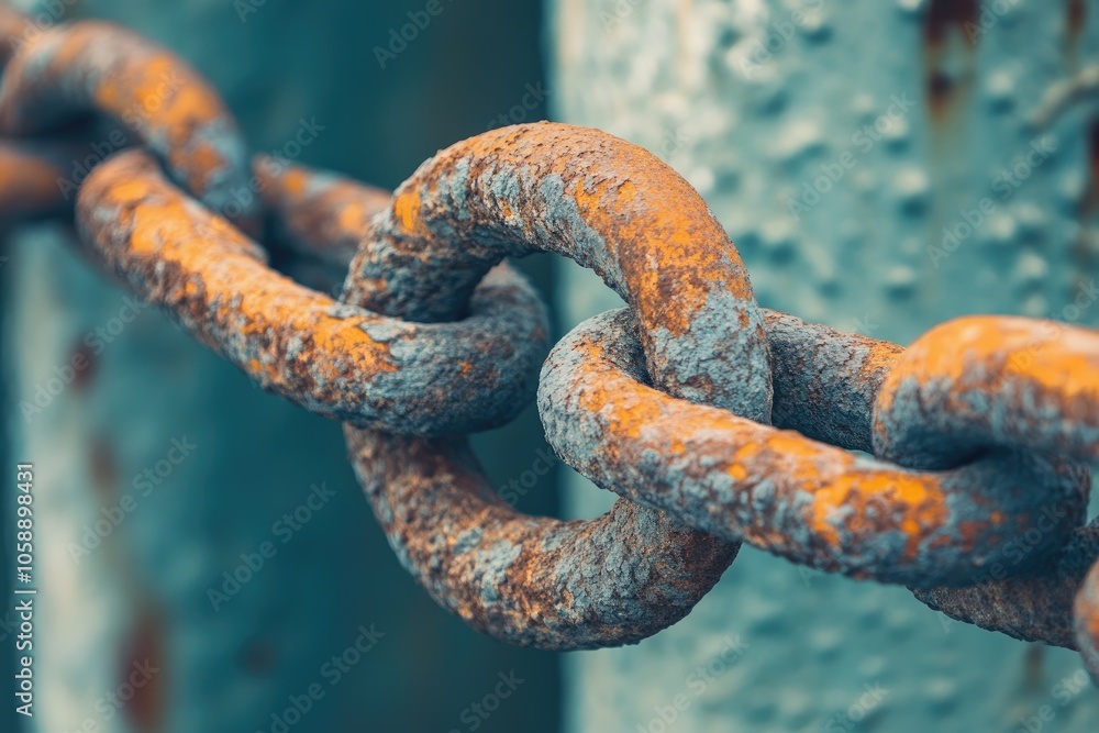 Close-up of a Rusted Chain Link Against a Teal Background Close-up of a Rusted Chain Link Against a Teal Background