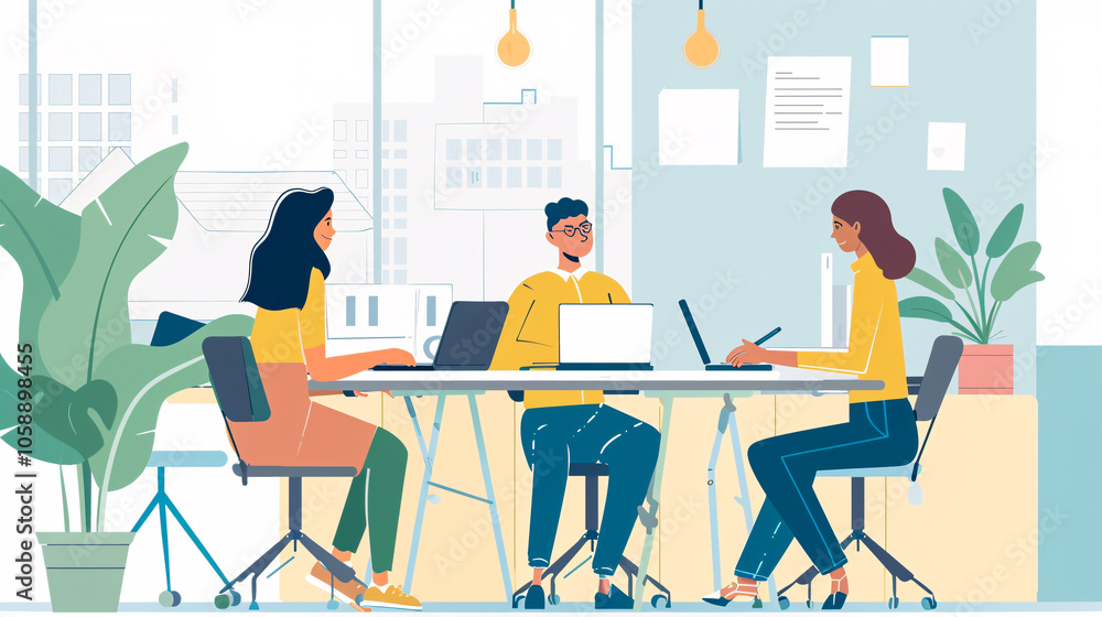 Smart business people working together with a laptop while talking in a coworking space. Smart business people working together with a laptop while talking in a coworking space.