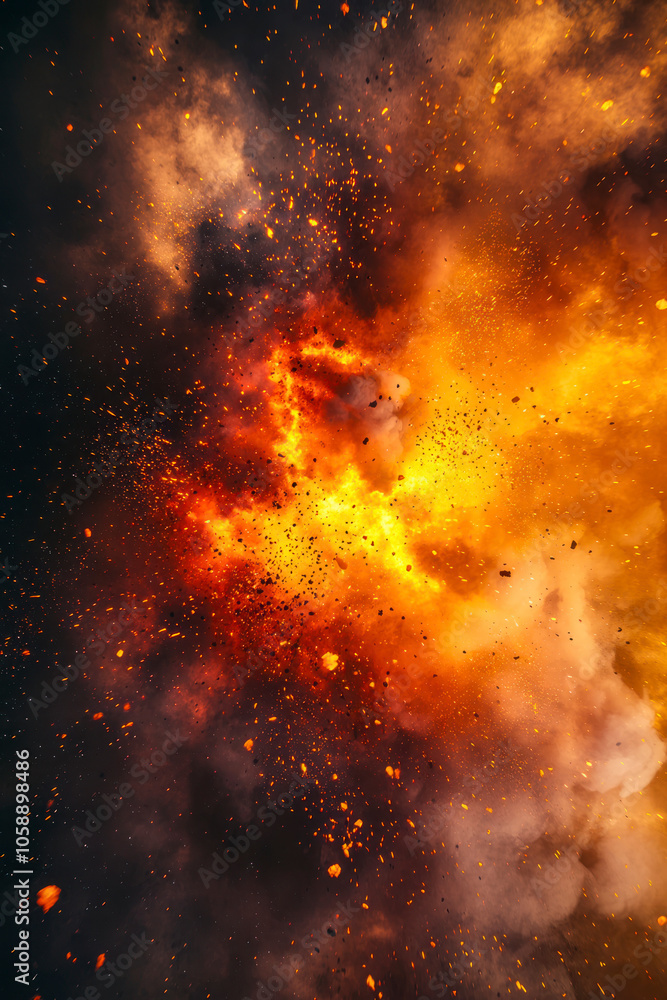 Naklejka premium Vertical Dramatic fire and smoke effect glowing red and yellow colors exploding outwards with center space.