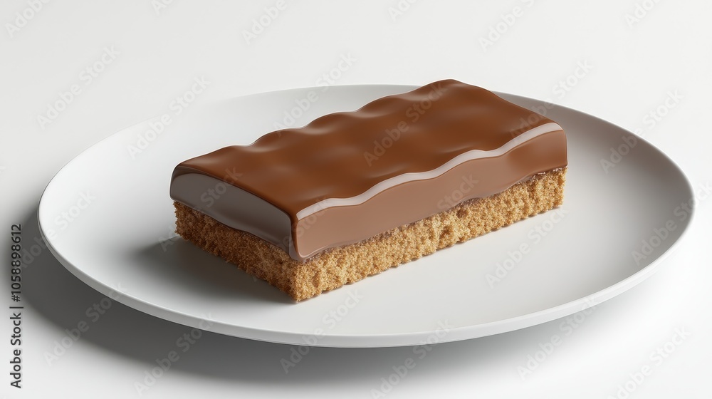 Decadent chocolate-covered biscuit bar on a simple white plate Decadent chocolate-covered biscuit bar on a simple white plate