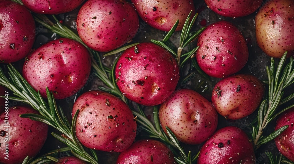 Freshly cooked red potatoes with rosemary leaves captured from an aerial view, expertly arranged to highlight the vibrant colors and textures. Ideal for culinary designs with ample copy space. Freshly cooked red potatoes with rosemary leaves captured from an aerial view, expertly arranged to highlight the vibrant colors and textures. Ideal for culinary designs with ample copy space.