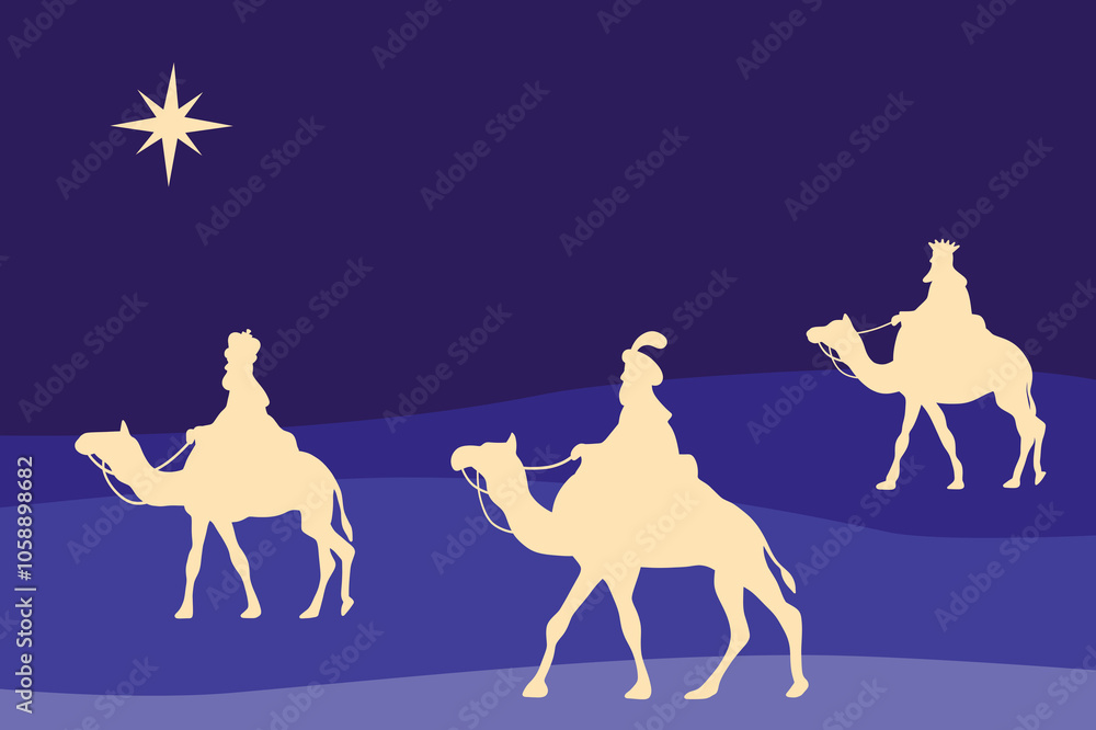 Naklejka premium Three Wise Men Silhouettes Following Christmas Star
