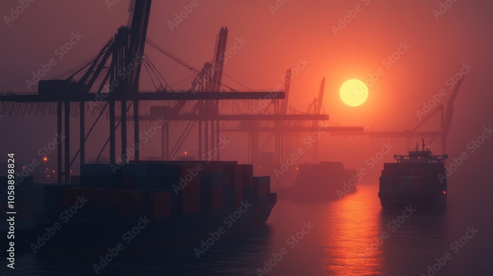 Cargo Ships Docking at Sunset in Misty Port Cargo Ships Docking at Sunset in Misty Port