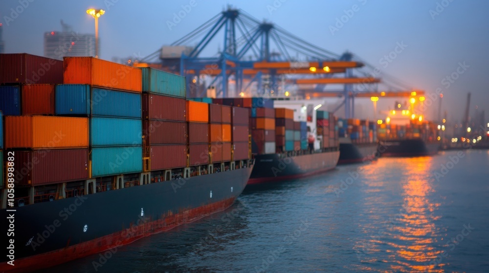 Naklejka premium Containers at Night in Busy Port