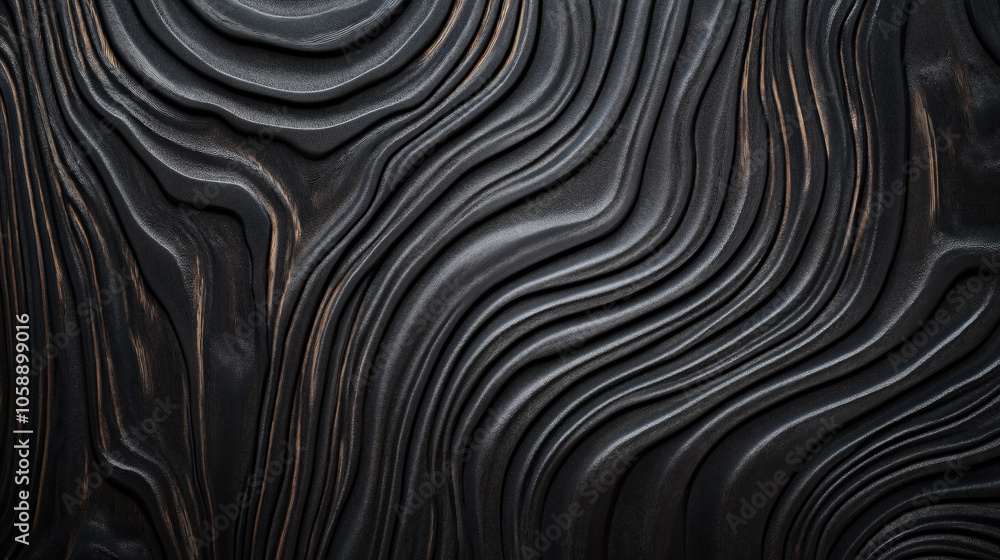Abstract texture with dark wavy lines and grooves resembling wood grain or geological formations, highlighting depth and contours in a smooth pattern. Abstract texture with dark wavy lines and grooves resembling wood grain or geological formations, highlighting depth and contours in a smooth pattern.