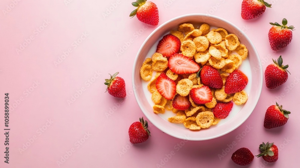 Bowl of cereal with milk and fresh strawberries arranged beautifully, creating an inviting breakfast scene. Cereal and strawberries complement each other, with ample space available for text. Bowl of cereal with milk and fresh strawberries arranged beautifully, creating an inviting breakfast scene. Cereal and strawberries complement each other, with ample space available for text.