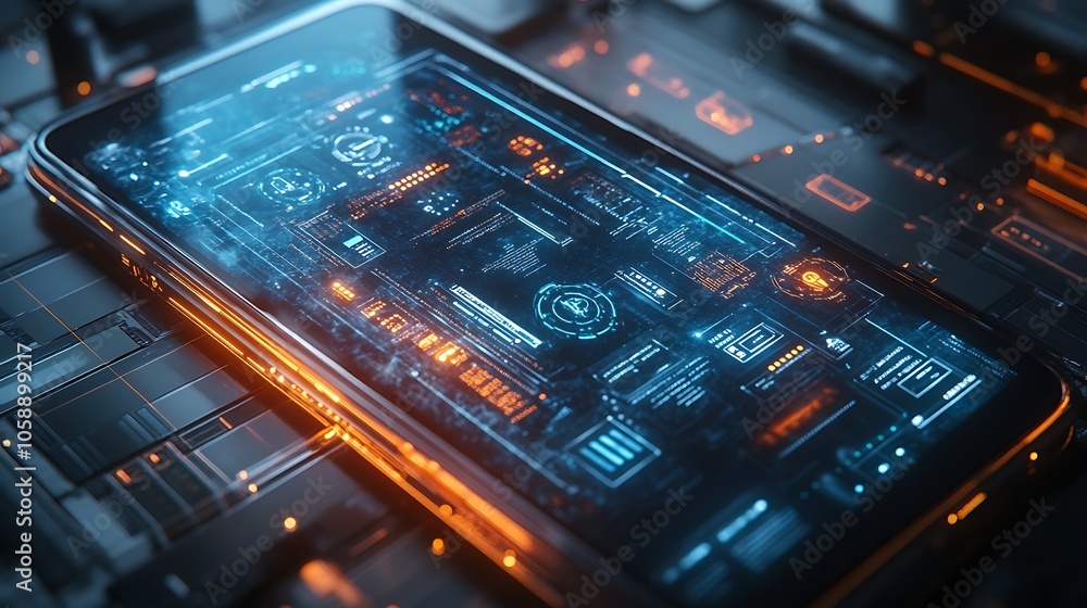 Futuristic smartphone display with high-tech interface and circuitry effects Futuristic smartphone display with high-tech interface and circuitry effects