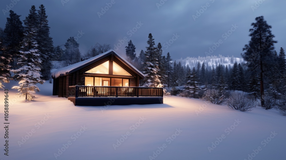 Cozy log cabin in a winter wonderland with warm lights and a scenic snowy landscape Cozy log cabin in a winter wonderland with warm lights and a scenic snowy landscape