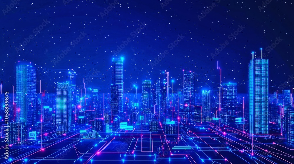 A Futuristic Minimalist Blueprint of a Digitally Powered Smart City Skyline with Illuminated Towers and Grids A Futuristic Minimalist Blueprint of a Digitally Powered Smart City Skyline with Illuminated Towers and Grids