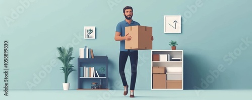 People relocation move home concept, Man carrying belongings box moving in new apartment, Generative AI