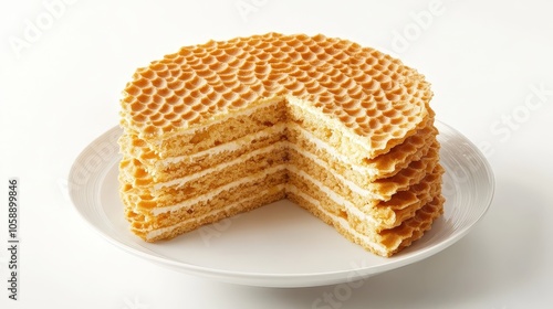 Delicious honeycomb layered waffle cake with creamy filling on white plate photo