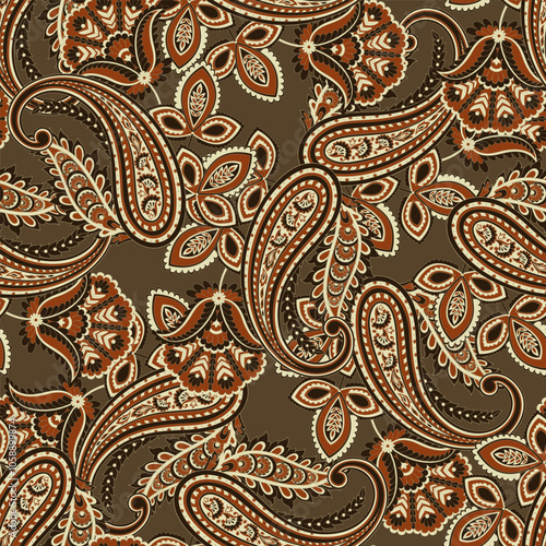 Paisley vector seamless design featuring stunning flowers and leaves in a batik-inspired style. Vintage backdrop