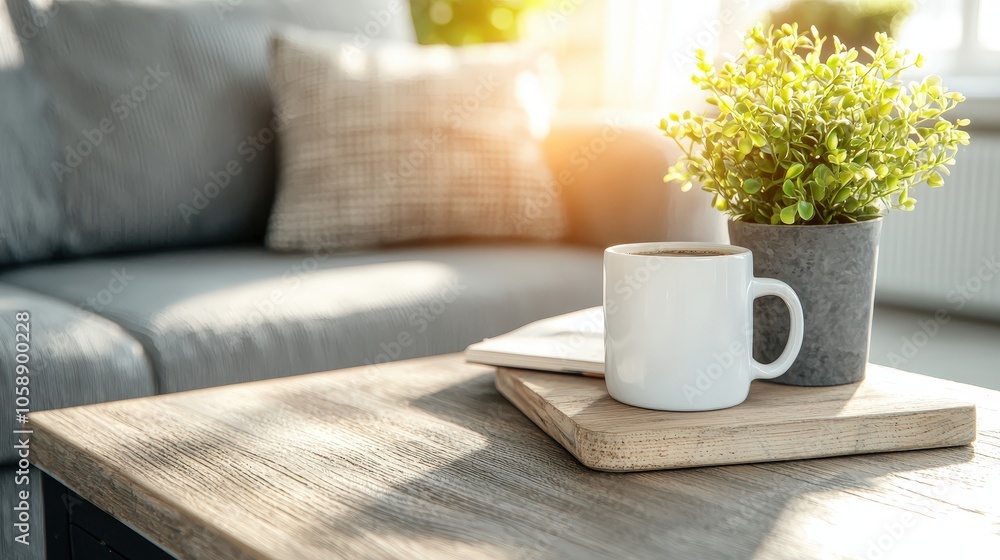 Coffee Mug on Wooden Table with Sunlight and Plant in Living Room Coffee Mug on Wooden Table with Sunlight and Plant in Living Room