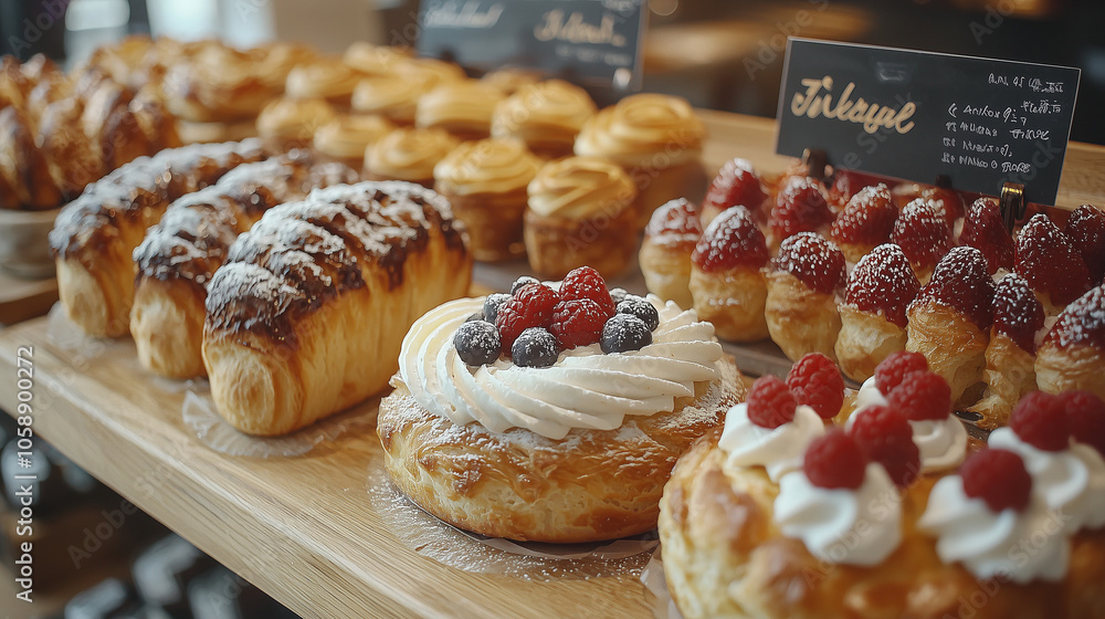 Artisan Bakery Display: A delectable array of pastries, from flaky croissants to creamy berry tarts, beautifully arranged on a wooden display. Artisan Bakery Display: A delectable array of pastries, from flaky croissants to creamy berry tarts, beautifully arranged on a wooden display.