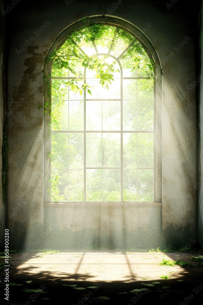 Fototapeta premium A serene, sunlit abandoned room featuring an arched window overgrown with greenery, creating an ethereal atmosphere, Ideal for themes of nature, decay, tranquility, or restoration,