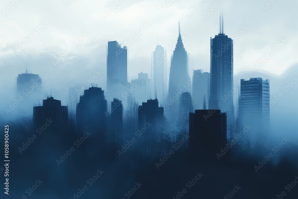 A City Skyline Obscured by Fog and Clouds A City Skyline Obscured by Fog and Clouds
