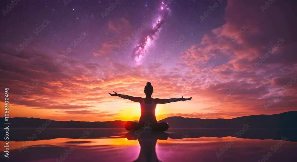 Experience tranquility through sound healing therapy and yoga meditation as a woman is silhouetted against a vibrant sunset, radiating cosmic energy for perfect meditation and relaxation. Experience tranquility through sound healing therapy and yoga meditation as a woman is silhouetted against a vibrant sunset, radiating cosmic energy for perfect meditation and relaxation.