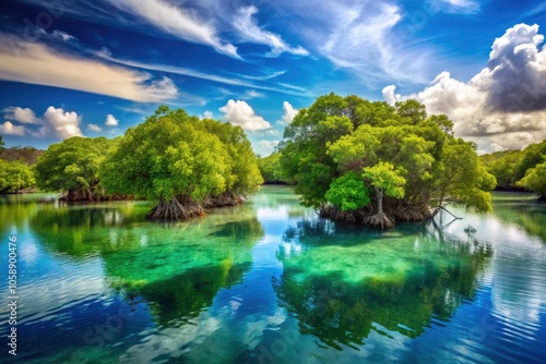 Vintage Style Photography of Dense Mangroves and Blue Waters, Capturing Coastal Ecosystem and Sustainable Habitats in Vibrant Swamp Zones and Thriving Jungle Forests