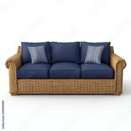 Comfortable wicker sofa with blue cushions, perfect for modern living spaces.