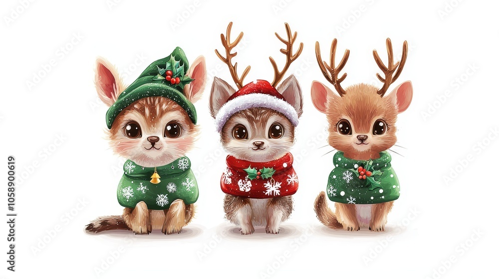 Fototapeta premium Adorable Baby Animals in Festive Christmas Outfits